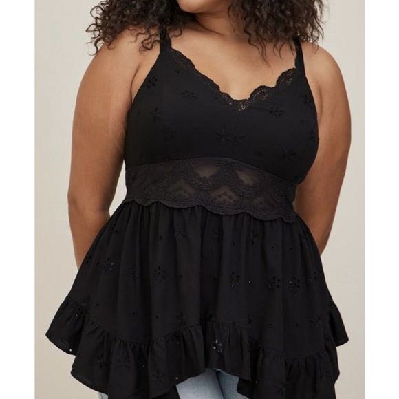 Torrid Babydoll Eyelet W/lace Detail Top - Size 00 -M/L - Black - Picture 1 of 10
